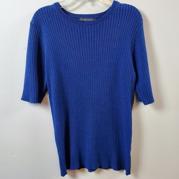 Pendleton Cobalt Blue 11" Short Sleeved Crew Neck Ribbed Sweater Sz L - Picture 1 of 9